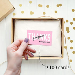 Pink minimalist thank you card for business packaging with text Thanks gorgeous for shopping small!