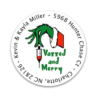 Personalized Christmas Address Labels - Custom Holiday Return Address Labels, Set of 80 Mailing Labels Flat Sheet Round Labels for Envelopes, Self Adhesive Stickers with 2020 Designs (Vaxxed & Merry)