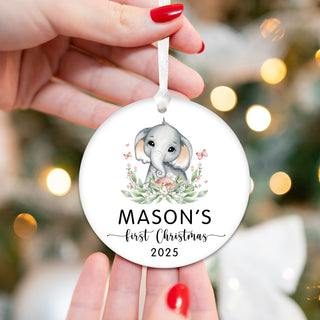 Baby First Christmas Ornament 2026 - Customizable Text with Elephant Design