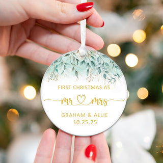 Our First Christmas Married Ornament 2026 - Customizable Text Greenery and Gold