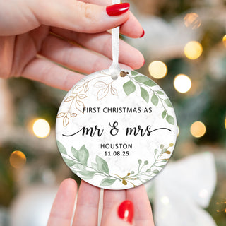 Our First Christmas Married Ornament 2026 - Customizable Text Greenery and Black