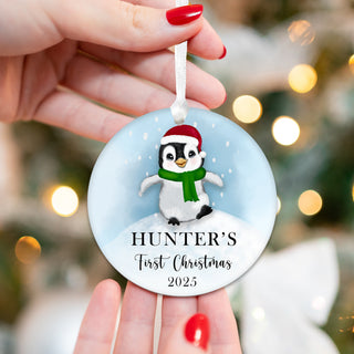 Baby First Christmas Ornament 2026 - Customizable Text Penguin Design