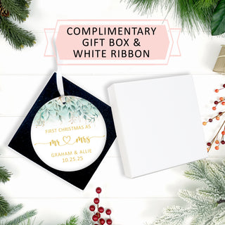 Our First Christmas Married Ornament 2026 - Customizable Text Greenery and Gold