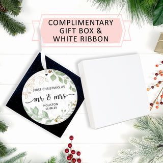 Our First Christmas Married Ornament 2026 - Customizable Text Greenery and Black