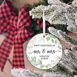 Our First Christmas Married Ornament 2026 - Customizable Text Greenery and Black
