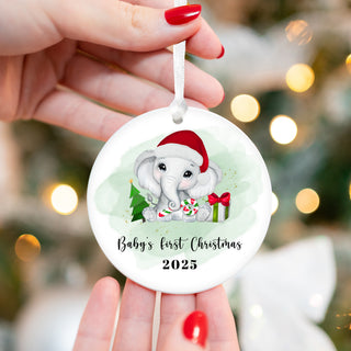 Baby First Christmas Ornament 2026 - Neutral Green Elephant