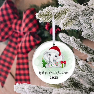 Baby First Christmas Ornament 2026 - Neutral Green Elephant