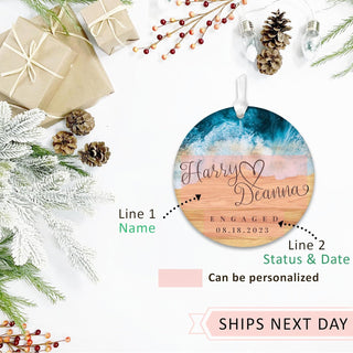 Our First Christmas Married Ornament 2024 - Customizable Text Beach Wood