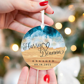 Our First Christmas Married Ornament 2024 - Customizable Text Beach Wood