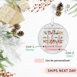 Our First Christmas Married Ornament 2023, Wedding Gifts for Mr and Mrs, 3" Ceramic Christmas Ornament, Wedding Gifts for Couple Xmas Tree Decoration (Design 2)