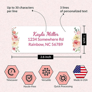 Personalized Return Address Labels Floral - Set of 120 Custom Mailing Labels for Envelopes, Self Adhesive Flat Sheet Rectangle Personalized Name Stickers (Blush)