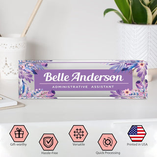 Name Plate for Desk Personalized - Custom Name Plates for Work, Ideal Office Decor for Men and Women, Clear Acrylic Desk Name Plate | Customized Gifts (8" x 2.5") (Purple Boho)