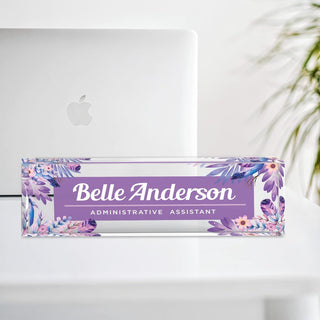 Name Plate for Desk Personalized - Custom Name Plates for Work, Ideal Office Decor for Men and Women, Clear Acrylic Desk Name Plate | Customized Gifts (8" x 2.5") (Purple Boho)