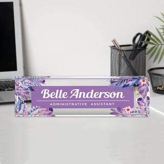 Name Plate for Desk Personalized - Custom Name Plates for Work, Ideal Office Decor for Men and Women, Clear Acrylic Desk Name Plate | Customized Gifts (8" x 2.5") (Purple Boho)