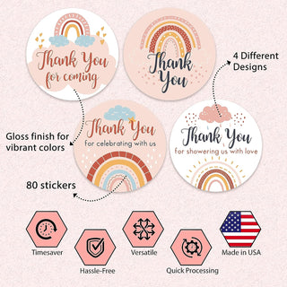 Thank You Boho Rainbow Baby Shower Stickers - Set of 80 Thank You for Coming Stickers, Preprinted Bridal Shower stickers, Birthday Party Favor Sticker, Self Adhesive Flat Sheet 2 Inch Round Labels Theme Party