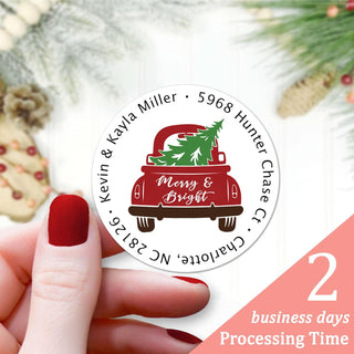 Red Truck Christmas Address Labels - Custom Holiday Return Address Labels, Set of 80 Mailing Labels Round Labels for Envelopes, Self Adhesive Stickers Christmas Red Truck Design (Merry & Bright)