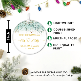 Our First Christmas Married Ornament 2023, Wedding Gifts for Mr and Mrs, 3" Ceramic Christmas Ornament, Wedding Gifts for Couple Xmas Tree Decoration (Design 1)