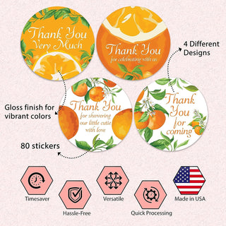 Thank You Citrus Baby Shower Stickers - Set of 80 Thank You for Coming Stickers, Preprinted Stickers, Birthday Party Favor Sticker, Self Adhesive Flat Sheet 2 Inch Round Labels Theme Party