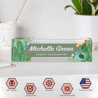 Name Plate for Desk Personalized - Custom Name Plates for Work, Ideal Office Decor for Men and Women, Clear Acrylic Desk Name Plate | Customized Gifts (8" x 2.5") (Cactus Cove)