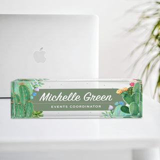 Name Plate for Desk Personalized - Custom Name Plates for Work, Ideal Office Decor for Men and Women, Clear Acrylic Desk Name Plate | Customized Gifts (8" x 2.5") (Cactus Cove)