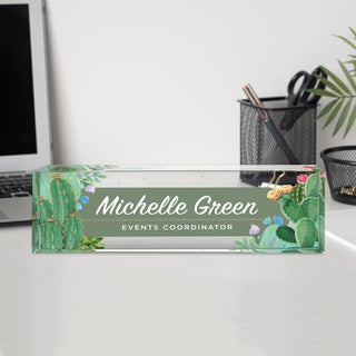 Name Plate for Desk Personalized - Custom Name Plates for Work, Ideal Office Decor for Men and Women, Clear Acrylic Desk Name Plate | Customized Gifts (8" x 2.5") (Cactus Cove)