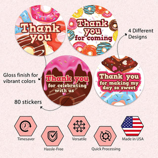 Thank You Donut Stickers - Set of 80 Thank You for Coming Stickers, Preprinted Bridal Shower, Baby Shower Stickers, Birthday Party Favor Sticker, Self Adhesive Flat Sheet 2 Inch Round Labels Theme Party