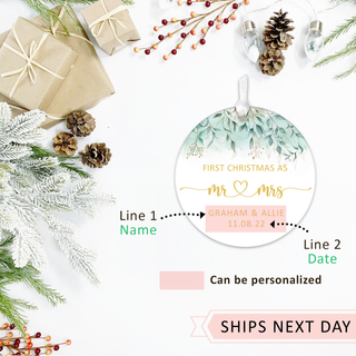 Our First Christmas Married Ornament 2024 - Customizable Text Greenery and Gold