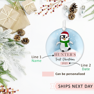 Baby First Christmas Ornament 2026 - Customizable Text Penguin Design