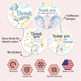 Thank You Baby Elephant Shower Stickers - Set of 80 Thank You for Coming Stickers, Preprinted Birthday Party Favor Sticker, Self Adhesive Flat Sheet 2 Inch Round Labels Theme Party