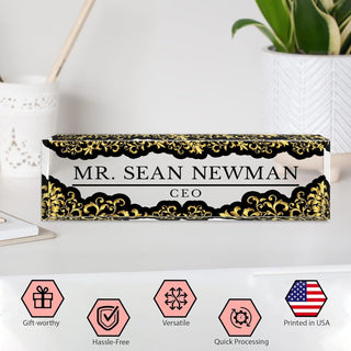 Name Plate for Desk Personalized - Custom Name Plates for Work, Ideal Office Decor for Men and Women, Clear Acrylic Desk Name Plate | Customized Gifts (8" x 2.5") (Black & Gold Elegance)