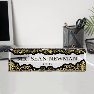 Name Plate for Desk Personalized - Custom Name Plates for Work, Ideal Office Decor for Men and Women, Clear Acrylic Desk Name Plate | Customized Gifts (8" x 2.5") (Black & Gold Elegance)