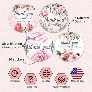 Thank You Floral Stickers - Set of 80 Thank You for Coming Stickers, Preprinted Bridal Shower, Baby Shower Stickers, Birthday Party Favor Sticker, Self Adhesive Flat Sheet 2 Inch Round Labels Theme Party