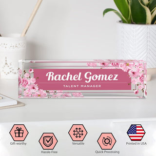 Name Plate for Desk Personalized - Custom Name Plates for Work, Ideal Office Decor for Men and Women, Clear Acrylic Desk Name Plate | Customized Gifts (8" x 2.5") (Pink Floral)