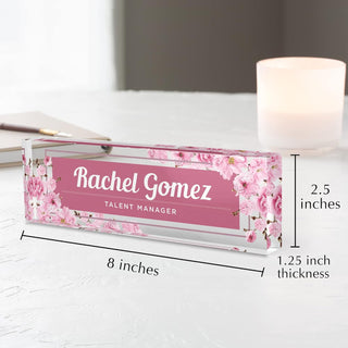 Name Plate for Desk Personalized - Custom Name Plates for Work, Ideal Office Decor for Men and Women, Clear Acrylic Desk Name Plate | Customized Gifts (8" x 2.5") (Pink Floral)