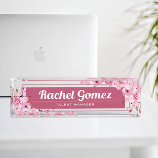 Name Plate for Desk Personalized - Custom Name Plates for Work, Ideal Office Decor for Men and Women, Clear Acrylic Desk Name Plate | Customized Gifts (8" x 2.5") (Pink Floral)