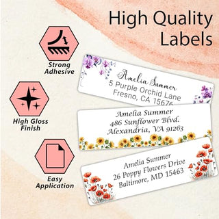 Personalized Return Address Labels Floral - High Gloss Custom Mailing Labels on Sheets - Self-Adhesive Return Stickers for Envelopes with Crisp Printing Design (50-1000)