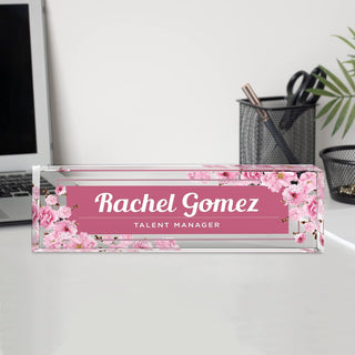 Name Plate for Desk Personalized - Custom Name Plates for Work, Ideal Office Decor for Men and Women, Clear Acrylic Desk Name Plate | Customized Gifts (8" x 2.5") (Pink Floral)