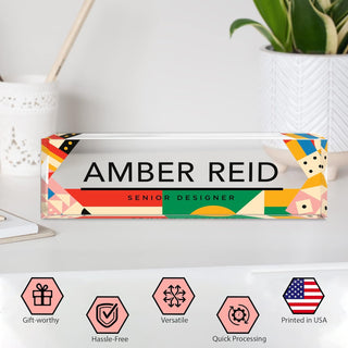 Name Plate for Desk Personalized - Custom Name Plates for Work, Ideal Office Decor for Men and Women, Clear Acrylic Desk Name Plate | Customized Gifts (8" x 2.5") (Modern Geometry)