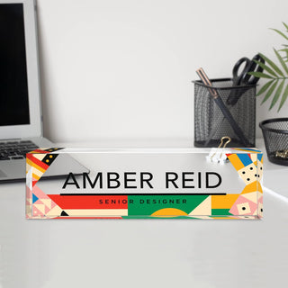 Name Plate for Desk Personalized - Custom Name Plates for Work, Ideal Office Decor for Men and Women, Clear Acrylic Desk Name Plate | Customized Gifts (8" x 2.5") (Modern Geometry)