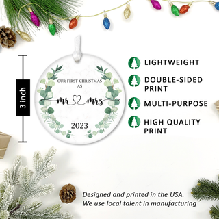 Our First Christmas Married Ornament 2023, Wedding Gifts for Mr and Mrs, 3" Ceramic Christmas Ornament, Wedding Gifts for Couple Xmas Tree Decoration (Greenery)