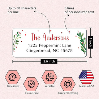 Personalized Christmas Address Labels Berry - Custom Holiday Return Address Labels, Set of 120 Mailing Labels Flat Sheet Rectangle Labels for Envelopes, Self Adhesive Stickers