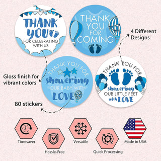 Thank You Blue Baby Shower Stickers - Set of 80 Thank You for Coming Stickers, Preprinted Birthday Party Favor Sticker, Self Adhesive Flat Sheet 2 Inch Round Labels Theme Party