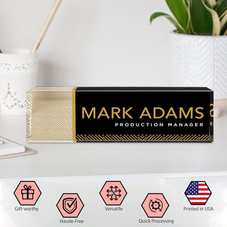 Name Plate for Desk Personalized - Custom Name Plates for Work, Ideal Office Decor for Men and Women, Clear Acrylic Desk Name Plate | Customized Gifts (8" x 2.5") (Black & Gold Linear)