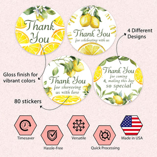 Thank You Lemon Baby Shower Stickers - Set of 80 Thank You for Coming Stickers, Preprinted Bridal Shower Stickers, Birthday Party Favor Sticker, Self Adhesive Flat Sheet 2 Inch Round Labels Theme Party