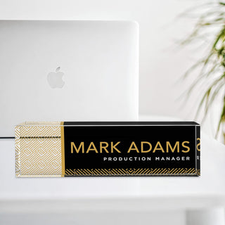 Name Plate for Desk Personalized - Custom Name Plates for Work, Ideal Office Decor for Men and Women, Clear Acrylic Desk Name Plate | Customized Gifts (8" x 2.5") (Black & Gold Linear)