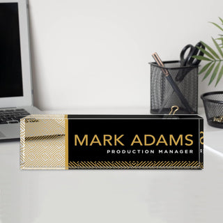 Name Plate for Desk Personalized - Custom Name Plates for Work, Ideal Office Decor for Men and Women, Clear Acrylic Desk Name Plate | Customized Gifts (8" x 2.5") (Black & Gold Linear)