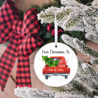 Our First Christmas Married Ornament 2023, Wedding Gifts for Mr and Mrs, 3" Ceramic Christmas Ornament, Wedding Gifts for Couple Xmas Tree Decoration - Red Truck