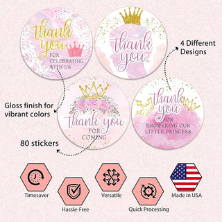 Thank You Princess Party Stickers - Set of 80 Thank You for Coming Stickers, Preprinted Baby Shower Stickers, Birthday Party Favor Sticker, Self Adhesive Flat Sheet 2 Inch Round Labels Theme Party