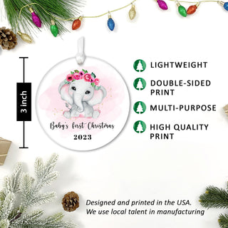 Baby First Christmas Ornament 2023 - First Christmas Ornament Gift for Baby, Newborn Gift, 3" Ceramic Christmas Ornament, Xmas Tree Decoration - Pink Elephant