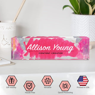 Name Plate for Desk Personalized - Custom Name Plates for Work, Ideal Office Decor for Men and Women, Clear Acrylic Desk Name Plate | Customized Gifts (8" x 2.5") (Pink Glamour)